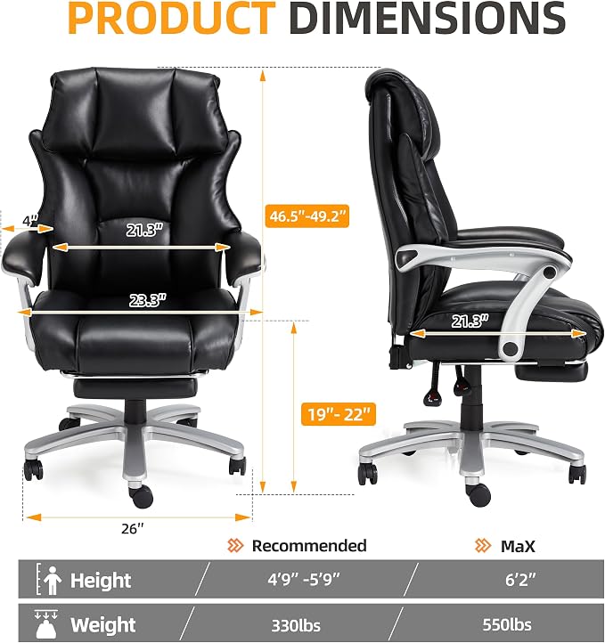 HOMREST Big and Tall Heavy Duty Office Chair 550LBS, Ergonomic Leather Executive Chair with 155° Recline, Large Back Pocket &Footrest, Computer Desk Chair for Heavy People, All Black