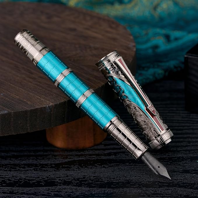 Hongdian D5X Fountain Pen Turquoise Extra Fine Nib, Qin Dynasty Retro Chinese Totem Engraving Smooth Writing Pen with Converter and Pen Box Set