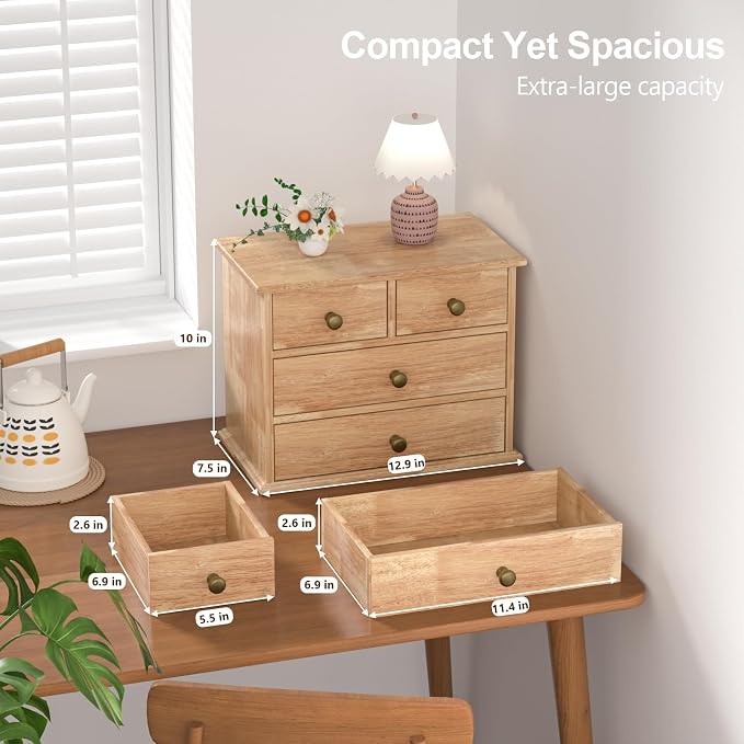 Oak Desk Organizer with Drawers, Durable Wooden Desktop Storage Box | 4 Drawer Tabletop Organizer with Metal Handle & Non-Slip Pad for Office, Bedroom, Bathroom, Vanity, Makeup, Light Burnt Brown