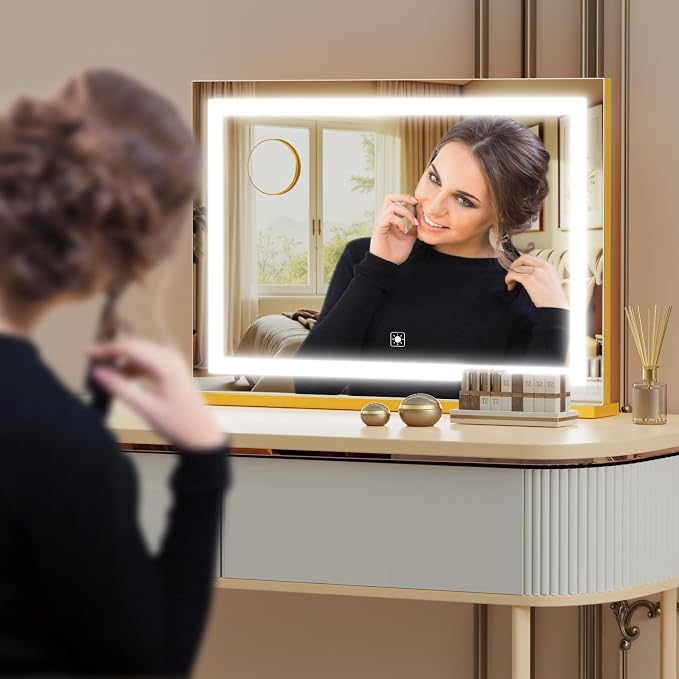 Gvnkvn Makeup Vanity Mirror with Lights 20" L x 26" W Large LED Makeup Mirror, Light up Mirror with 10X Magnification and USB Charging Port, Dimmable 3 Modes, Touch Screen Control Square Gold