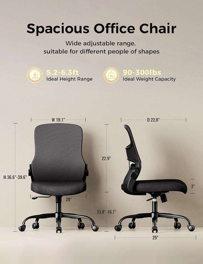 Mesh Office Chair, Armless Ergonomic Desk Chair for Small Spaces | Adaptive lumbar support, 2.8inch dual-density foam and quiet casters suit computer work, gaming and study, sturdy 300-lb base