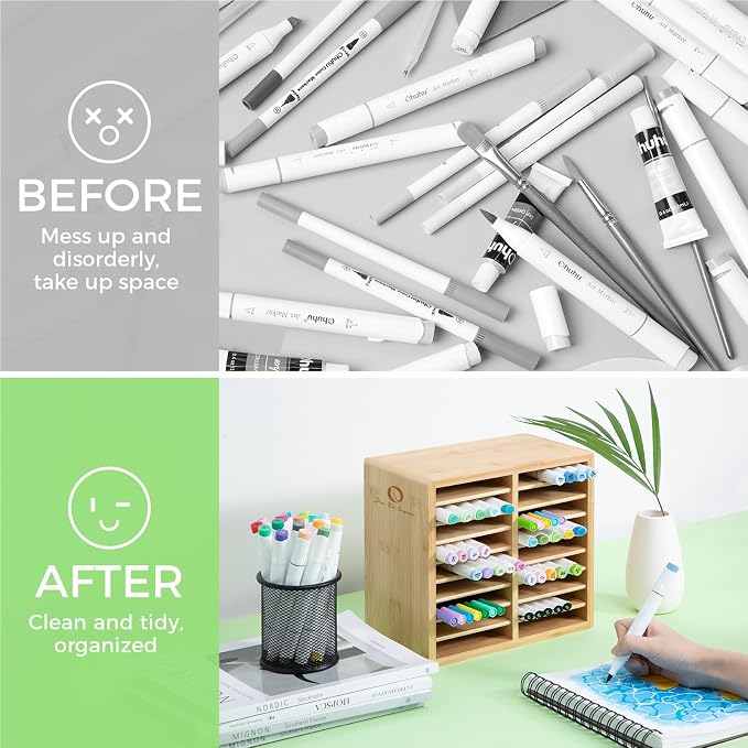 Ohuhu Bamboo Marker Organizer, Wooden Desktop Storage Hold 126 Markers, Pens, Pencils, Art Brushes Stationary Organizer Pencil Holder with 18 Compartments for Home, Classroom, Office Decor