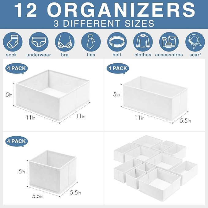 Drawer Organizer Clothes 12 Pack - Fabric Closet Organizers and Storage for Nursery Organization - Dresser Drawer Dividers for Baby Clothes/Socks/Underwear/Bras - College Dorm Room Essentials