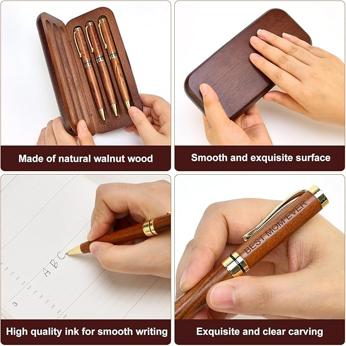 Renawe Cool Wooden Pens with Pen Box Gift for Mom Mother In Law Christmas Gifts for Mother's Day Gift Birthday Ideas Cute Engraved Pens Unique Presents for New Mom from Daughter Son