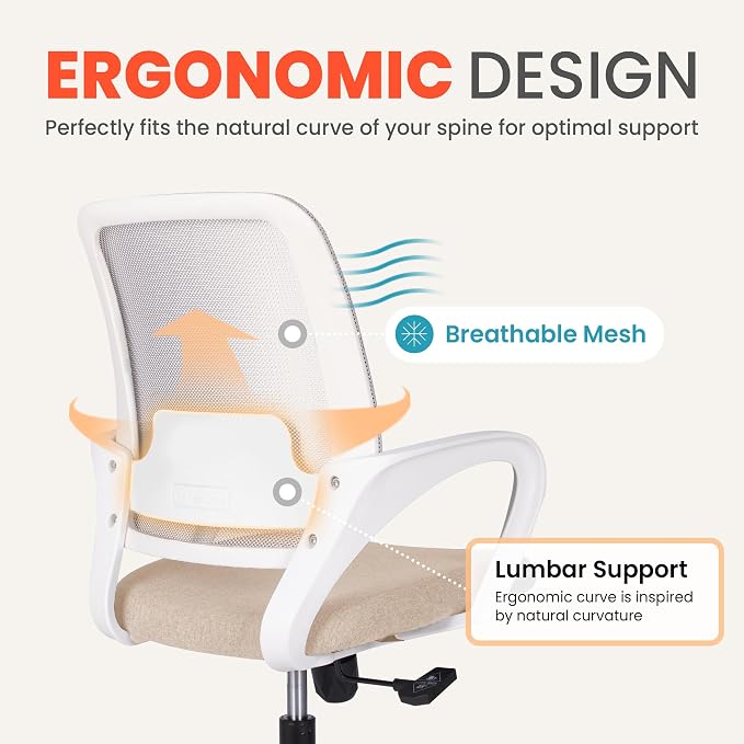 NEO CHAIR Office Desk Ergonomic Computer Mesh Chair with Lumbar Mid Back Support Adjustable Height Swivel Rolling Wheels Comfy Task Vanity Chair for Home Bedroom Study (Beige)