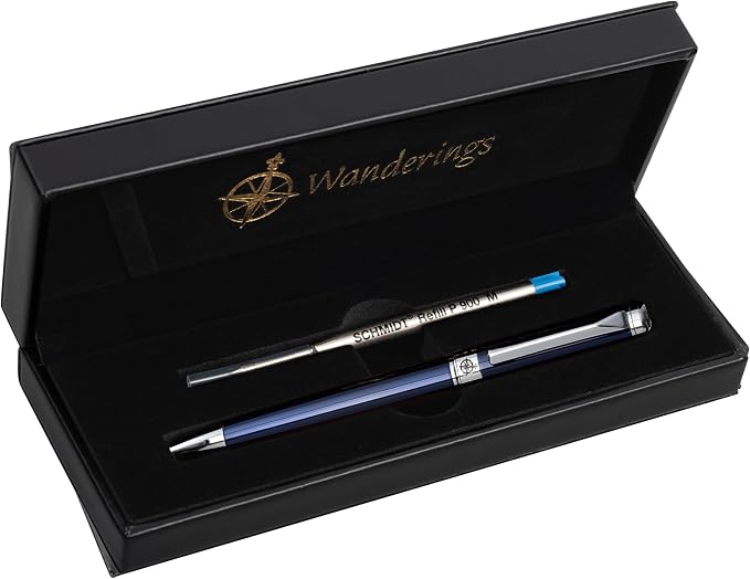 WANDERINGS Premium Ballpoint Pen with German Ink – Perfectly Balanced Executive Pen with Chrome Accents – Blue Breeze - Includes a Schmidt Refill in a Giftable Presentation Case for Men or Women