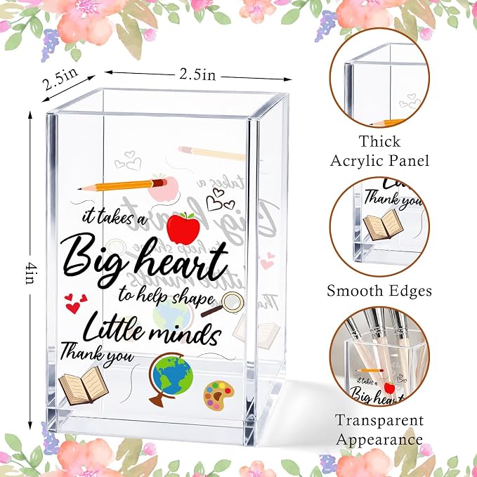 Acrylic Pen Holder Cup Teacher Gift, It Takes a Big Heart to Shape Little Minds Desk Decor, Pencil Holder Organizer, Thank You Gift for Teacher