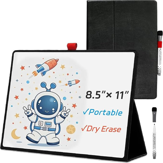Desktop Dry Erase Board,12" X 9" Small white board,Portable whiteboard with Stand, marker and eraser wipe, A4 Notebook White Board Easel for Kids Drawing on Desk, for Students Shool (8.5"×11" - Black)