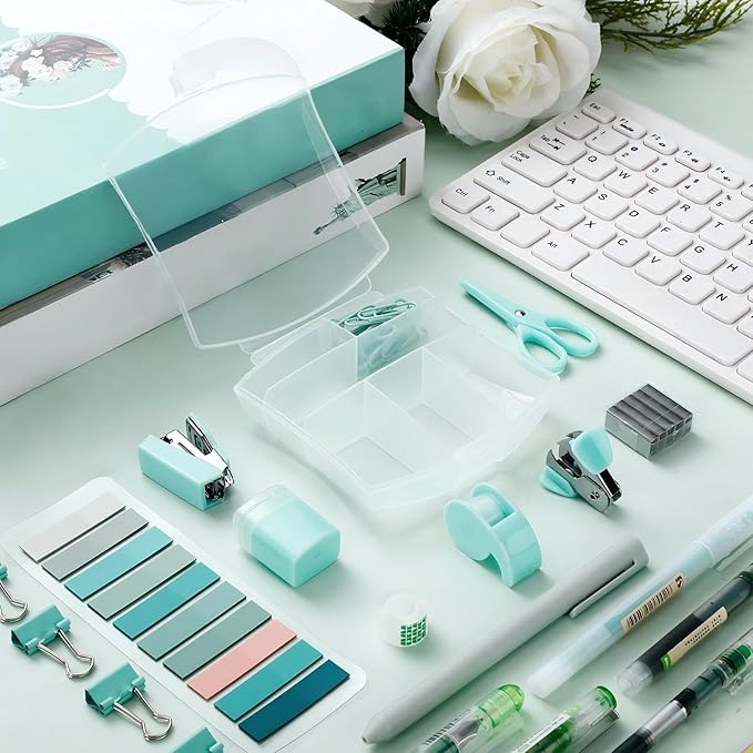 Colarr Mini Office Supply Kit Include Stapler Tape Dispenser Staple Remover Paper Clip Scissor Staple Pen Sharpener Note Small Telescopic Knife for Office Back to School Supplies Student Clerk(Green)