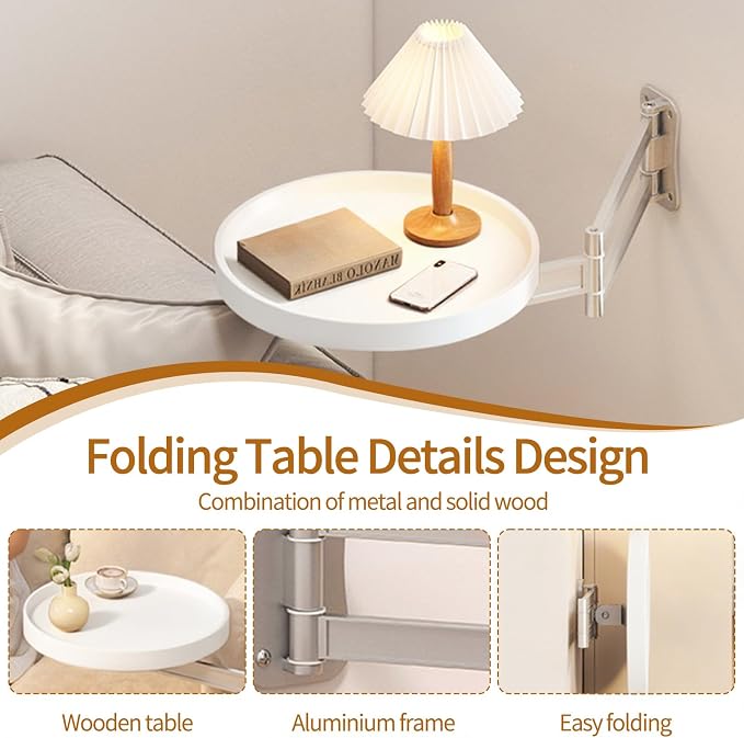 Wall Mounted Folding Round Table,11Inch Small Foldable Retractable Wooden Coffee Table Tray Fold Down Wall Desk Flip-Out Design Nightstand for Bedroom Living Room Balcony (White)