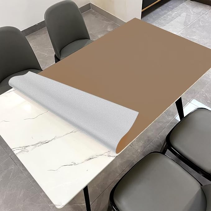 Faux Leather Table Cover,1.8mm Thick,30x48 Inch Desk Cover,Large Desk Mat,Table Protector,Table Cover Protector,Dining Table Cover Protector,XL Desk Mat(Khaki+Silvery,30x48)