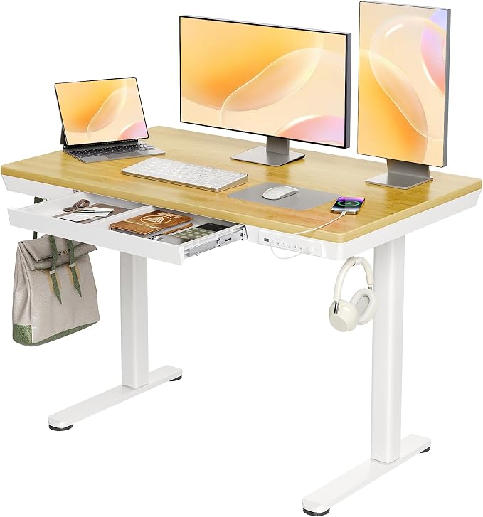 Claiks Bamboo Standing Desk with Drawers & USB Ports 48x24 Bamboo | Quick Install, Tape-C Port, USB Ports