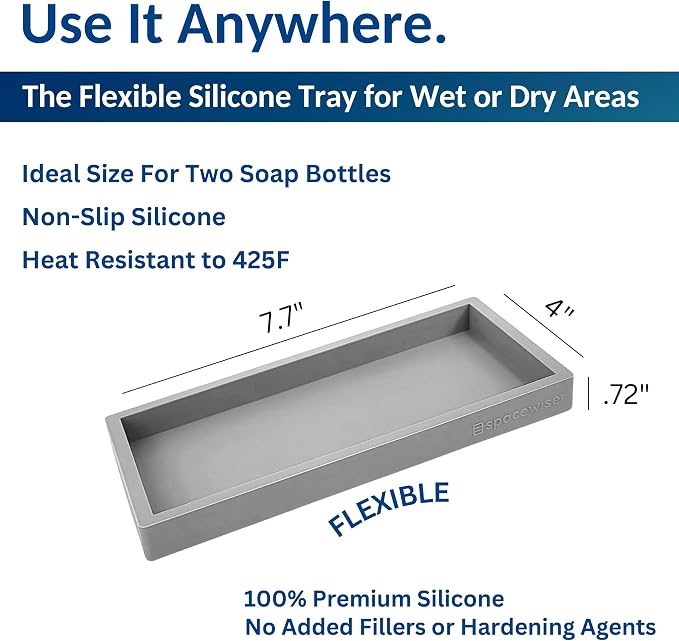 Countertop & Vanity Silicone Tray – 2 PC Small 7.7" Soap Tray | Kitchen Soap Tray Set, Dish Soap Tray for Kitchen Counter, Kitchen Sink Tray, Silicone Soap Dispenser Tray & Sponge Holder