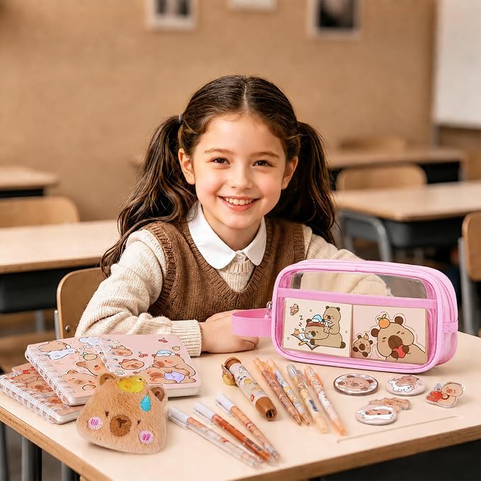 Capybara Theme Clear Backpack, 28Pcs School Supplies Stationery Transparent Backpack Set with Lunch Box Pencil Case Pens Notebooks for Kids Girls Elementary Middle School Stadium Approved