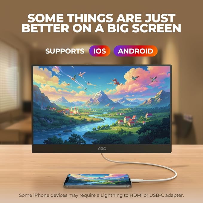 AOC 16T30 Portable Monitor 15.6" FHD 1080p IPS Display, USB-C, Mini HDMI, Built in Speaker, Kickstand, Travel Monitor, Compatible with Laptops, MacBook and Gaming Console