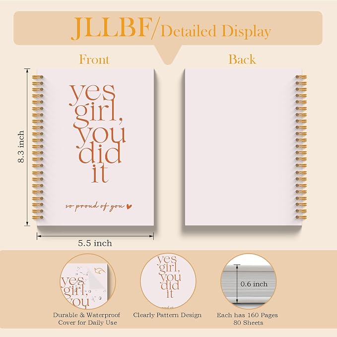 JLLBF Yes Girl You Did It Inspirational Spiral Notebook, Positive Affirmation Gifts Notebooks for Women Girls, Congratulations Graduation Gifts Journal Notebook, 5.5x8.3 Inch