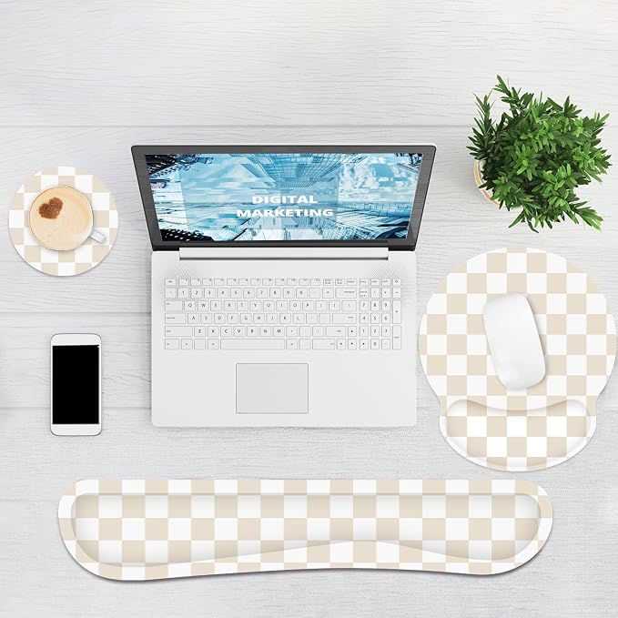 Ergonomic Mouse Pad with Wrist Rest and Keyboard Wrist Rest, Mousepad and Keyboard Pad, Non-Slip Rubber Base, Pain Relief, Mouse Pad with Wrist Support for Gaming, Computer, Office, Beige Checkered