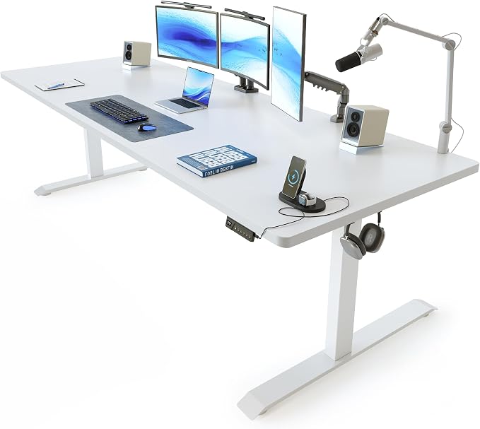 FEZIBO 83 x 37 Inch Standing Desk with Integrated Dual-Beam, Cable Management, 3 Memory Height Adjustable Computer Desk for Home Office Workstation, 1" Thick Large 3-Piece Desktop White