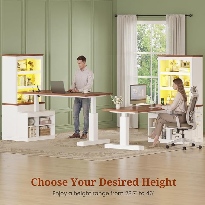 Farmhouse Standing Desk Adjustable Height with 3-Tier Bookcase, 55" Executive Electric Office Desk, Sit Stand Computer Desk with Storage Shelves, File Drawers, Power Outlets, Led Light, White+Walnut