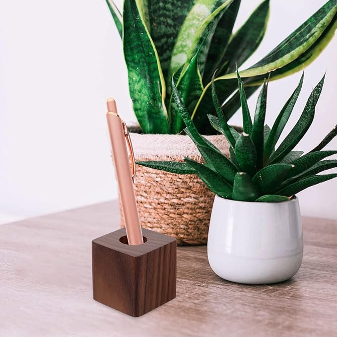 Walnut Wood Pen Holder Cube Stand 1.37 Inch Single Desk Organizer for Fountain Pen Ink Office Home School Use
