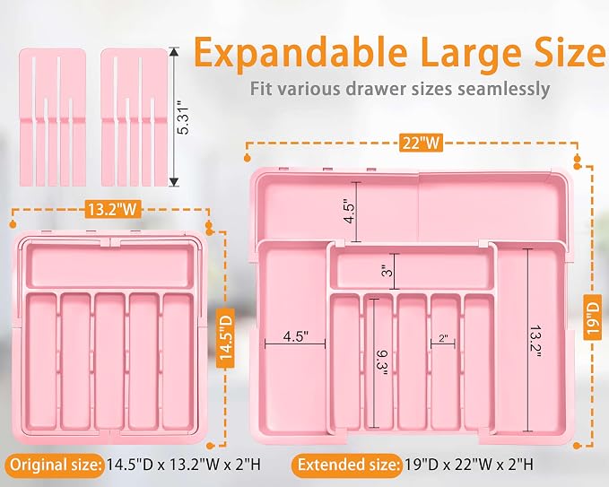 Silverware Organizer - Expandable Large Kitchen Drawer Organizer Utensil Organizer with 2 Knife Block Inserts, 22"x 19"Cutlery Tray with Drawer Dividers for Kitchen Flatware (Pink)