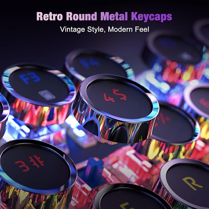 RisoPhy Typewriter Style Mechanical Gaming Keyboard, Metal Panel, Retro Punk Round Keycaps, Clicky Blue Switch, Rainbow LED Backlit, 104 Keys Wired Keyboard, Round Keycaps for PC Laptop Mac Gamer