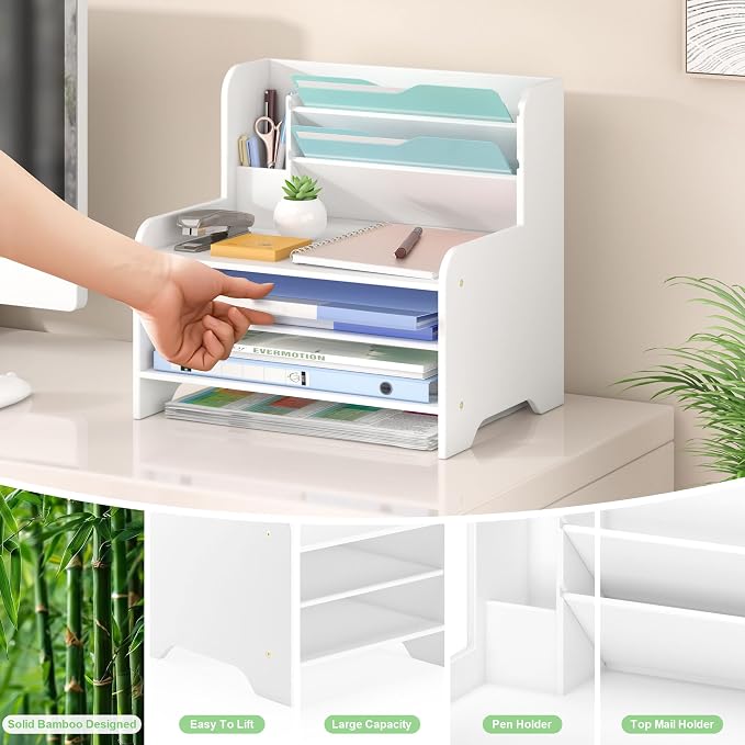 Bamboo File Organizer for Desk, Desktop Paper Tray and Mail Holder | Three open tiers keep A4/letter paper, folders, bills and mail sorted, visible and easy to reach while saving desk space