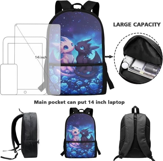 WELLFLYHOM Dragon Elementary School Backpack with Lunch Box for Girls, Blue 17 Inch Rose 4PCS Bookbag Set for Kids, Child Back to School Supplies, Reduce Shoulder Pressure for Daily Use