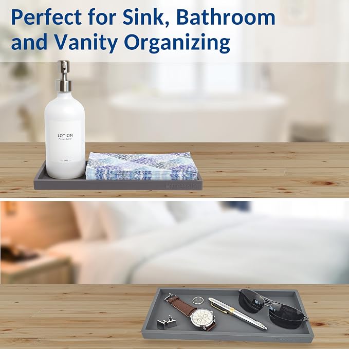 Silicone Countertop & Vanity Bathroom Tray – 2 PC 11.7" | Bathroom Tray Set, Bathroom Tray Countertop, Bathroom Counter Tray, Dish Soap Kitchen Tray & Bathroom Organizer Countertop