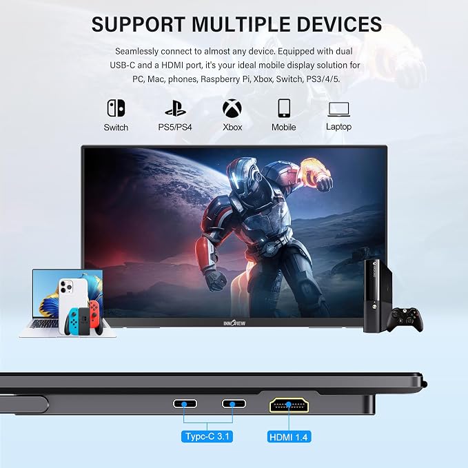 InnoView Large Portable Monitor 23.8inch FHD 1080P 144Hz USB-C, HDMI Computer Display HDR 100% sRGB IPS Gaming Monitor W/180°Adjustable DC Eyes Care Stand for Laptop PC MAC Phone PS4 Xbox Switch