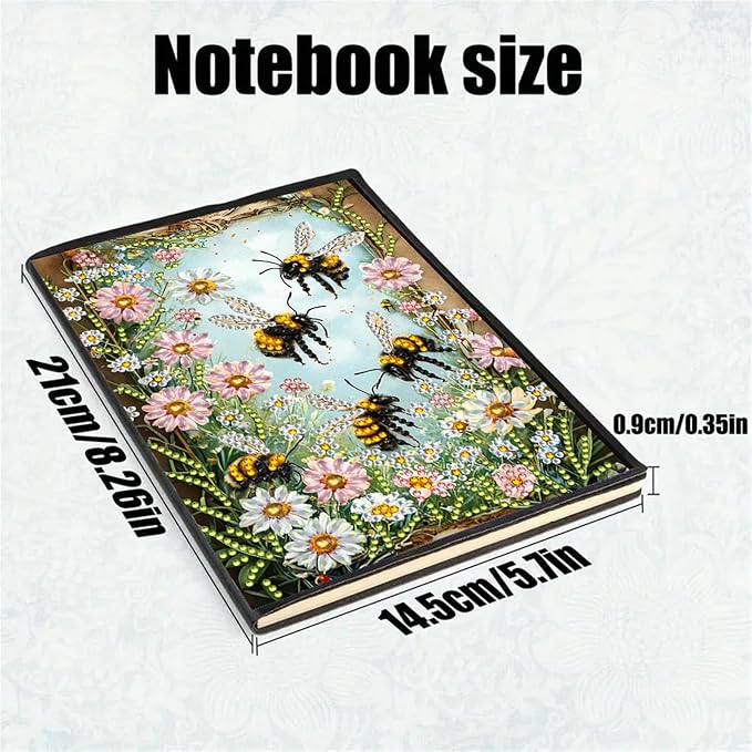 FRANDEK Diamond Art Painting Notebook Kit for Adults, Bee Flowers A5 PU DIY Journal with 50 Blank Pages, Crystal Rhinestone Beginner Craft Set with Full Tools, Gifts For Back To School Students