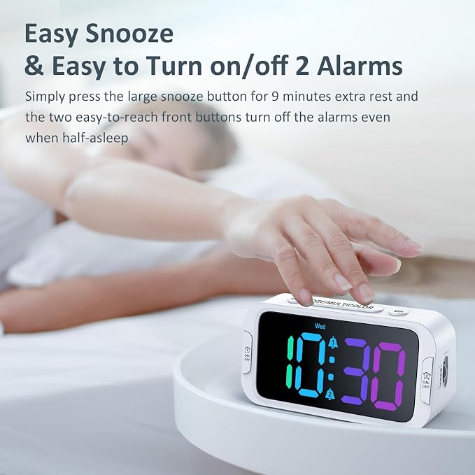 Odokee Digital Dual Alarm Clock for Bedroom with 0-100% Dimmable Display | RGB Electric Alarm Clock for Kids with Weekday/Weekend Mode - Loud Alarm for Heavy Sleepers with 5 Sounds Adjustable Volume