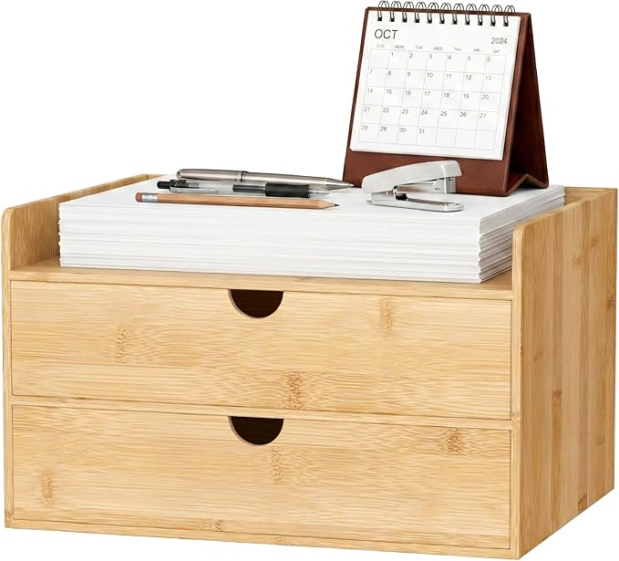 Desk Organizer with Drawers - Bamboo Desktop Organizer Storage | White-Natural Wood Desk Drawers Organizer for Bills, Office Supplies, Cosmetics, Seals No Assembly Required
