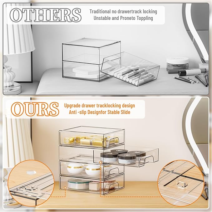 4 Pack Small Clear Stackable Storage Drawers,2.2'' Tall Desk Organization and Storage,Plastic Office Supply Organizer,Acrylic Storage Containers for Makeup,Hair Clip,Accessory,Pen,Art Crafts