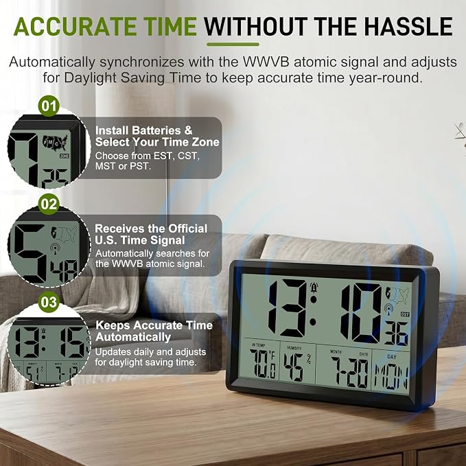 Atomic Clock Alarm Clock with Backlight, 8.7″ Battery Powered Clock Auto DST Self-Setting, Digital Wall Clock with Indoor Temperature Humidity, Snooze for Bedroom Office