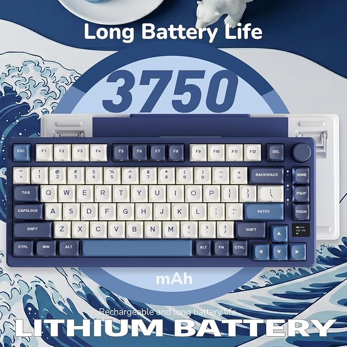 RK ROYAL KLUDGE M75 Wireless Mechanical Keyboard w/Screen and Volume Knob, 2.4G/USB-C/BT Gasket Mounted 75% Gaming Keyboard with 81 Keys, RGB Backlit Hot-Swap Creamy Switch, Blue