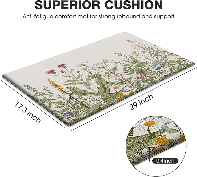 MAYHMYO Kitchen Rug Anti Fatigue Kitchen Mat Cushioned Colorful Floral Plants Cute Vintage Kitchen Rugs Non Skid Waterproof Kitchen Rugs and Mats for Floor Laundry Standing Desk Sink