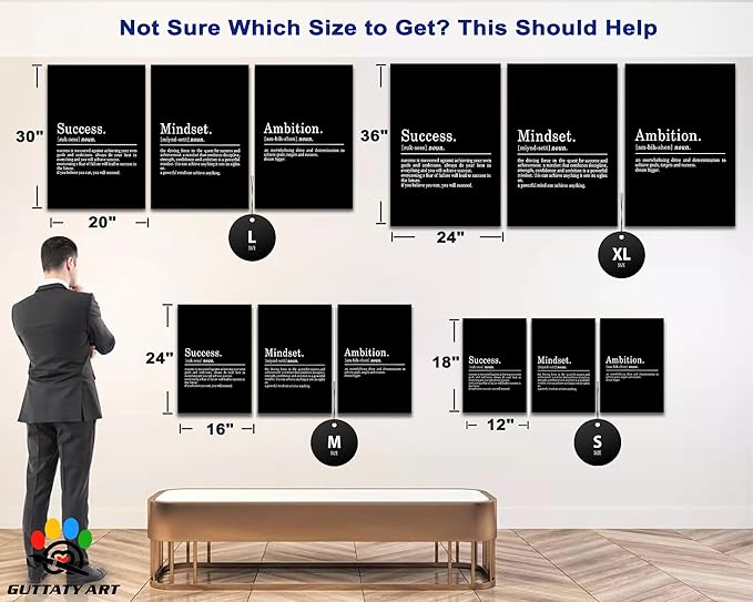 3 Piece Inspirational Wall Art - Success Mindset Ambition Quotes Canvas Art Prints for Men Women Gift, Office Wall Art Pictures, Motivational Poster Framed Artwork for Home Office Decor 24”x36”x3Pcs