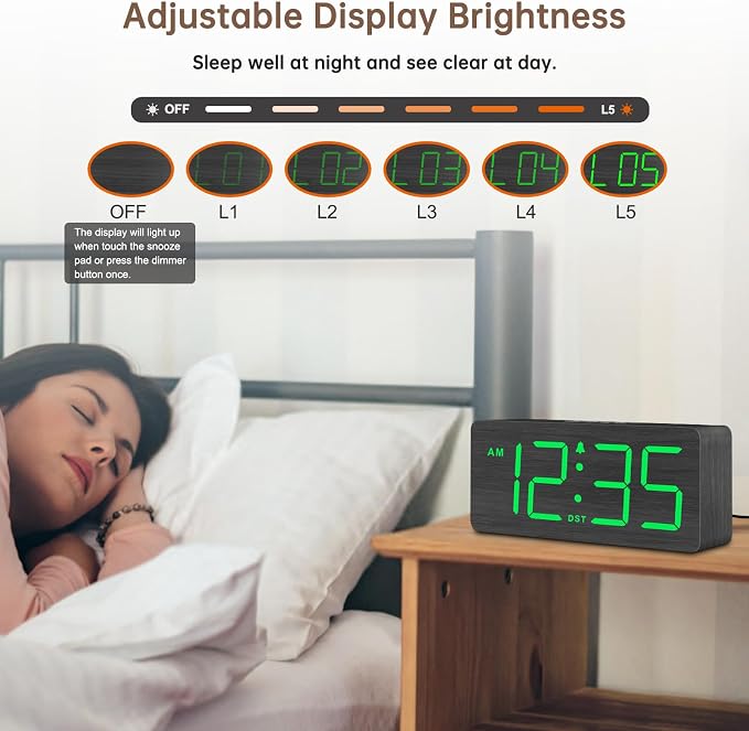 DreamSky Wooden Digital Alarm Clock for Bedroom with Large Numbers | Desk Clocks for Living Room Office, Loud Alarm for Heavy Sleepers Adults, Volume Control, Dimmer, DST, Wood Decor (Plug-in)