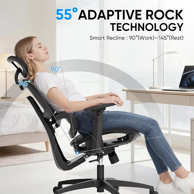 MoNiBloom Ergonomic Office Chair, High Back Mesh Desk Chair for Home, Black | with 3d armrest, high back desk chair, adjustable headrest, lumbar support, recline range from 90 to 145 degrees, L-Shape