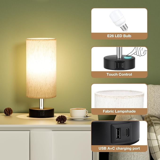 PartageiZ Small Touch Bedside Lamp for Bedroom - Table Lamps for Nightstand, Minimalist Night Stands Light Lamp, Desk Lamps for Reading, Kids, Living Room, Office, Dorm