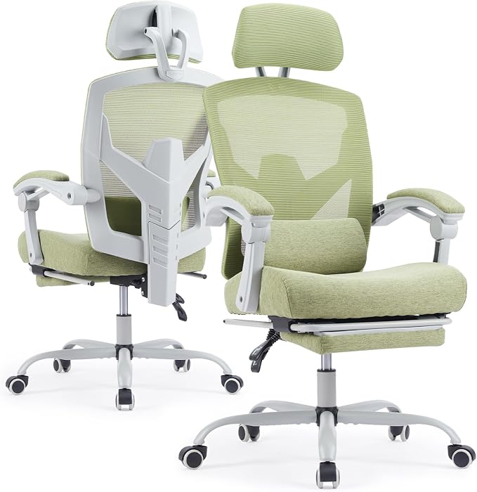 Ergonomic Office Chair with Footrest, High Back Home Desk Chair with Lumbar Support & Headrest, 90-135° Reclining Mesh Back Computer Chair with Wheels for Work, Gaming, Green