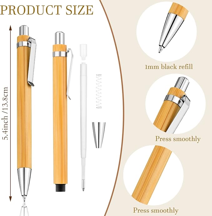 Leelosp 60 Pcs Bamboo Pen Retractable Ballpoint Pen Black Ink 1 mm Sustainable for Writing Office Products Wooden Bamboo Ballpoint for Journal Supplies Decorations