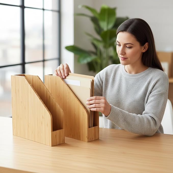 2 Pack Bamboo Magazine File Holder Book Holder Frames | Document Cabinet Rack, Storage Organizer, Small Magazine Shelf, For Home, Office