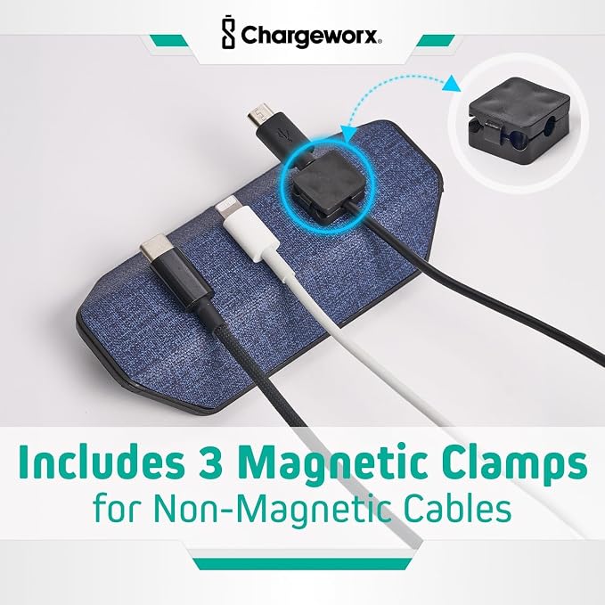 CHARGEWORX Magnetic Cable Organizer – 4 Pack - Weighted Non-Adhesive Cord Holder with 3 Magnetic Clips for USB-C, Lightning & MagSafe Cables – Desk, Office & Nightstand Cable Management