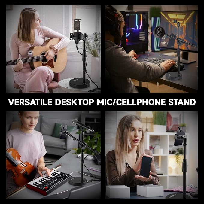 Microphone Stand Desk Adjustable Desktop Microphone Stand with Boom Arm Upgraded 3 in 1 Table Phone/Mic Stand with Microphone Clip,Cell Phone Clip,3/8" to 5/8" Adapter for Universail Mic