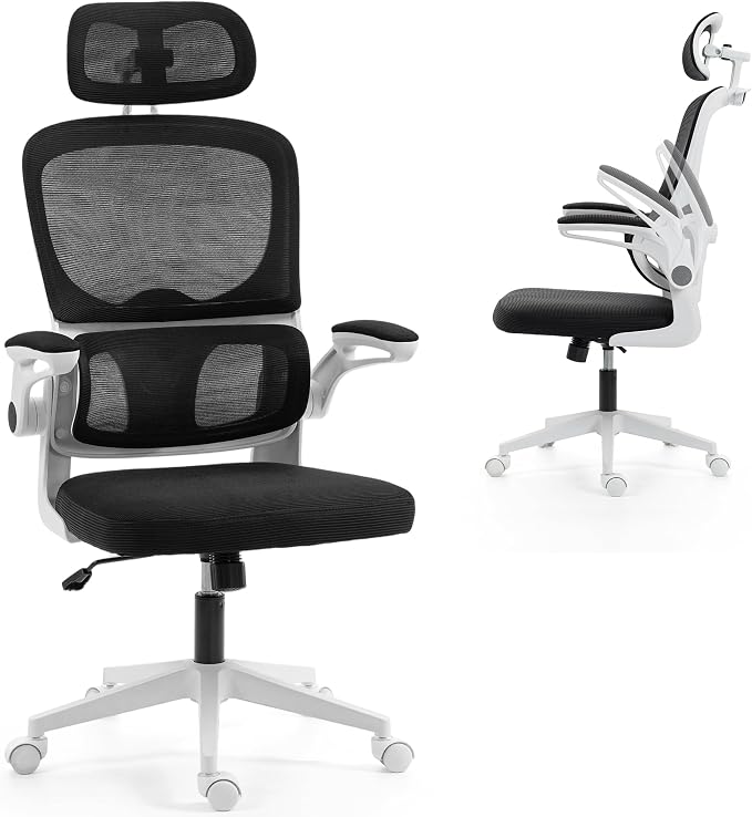Ergonomic Office Chair with Flip-up Arms, White | Home Desk Chair w/ Coat Hook, Adjustable Headrest and Lumber Support, Mesh Computer Gaming Chair, 330 LBS