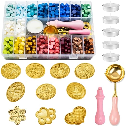 917Pcs Wax Stamp Bead Kit for Beginner, 18 Colors Wax Sealing Beads, 10 Stamps, Spoon for Wedding Invitation, Envelope Seal, DIY Crafts, Gift Idea