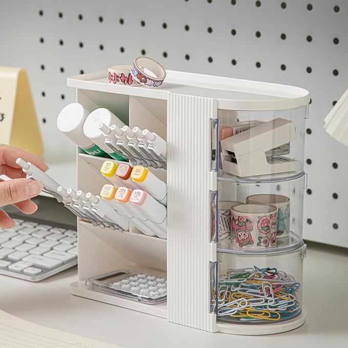 Desk Organizer with Pen Pencil Holder for Desk, Pen Organizer with 3 Drawers, Multi-Functional Desk Organization Deals and Accessories Desktop Storage for Office Home Art Supplies (White)