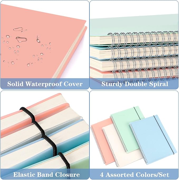 Blank Notebook, 4 Pack Spiral Sketch Book, 8" x 10" Large Blank Journal, No Bleed Thick Paper Sketchbook for Drawing, Unlined Notebook Journal for Women Men School, B5 Spiral Notebook Blank Paper